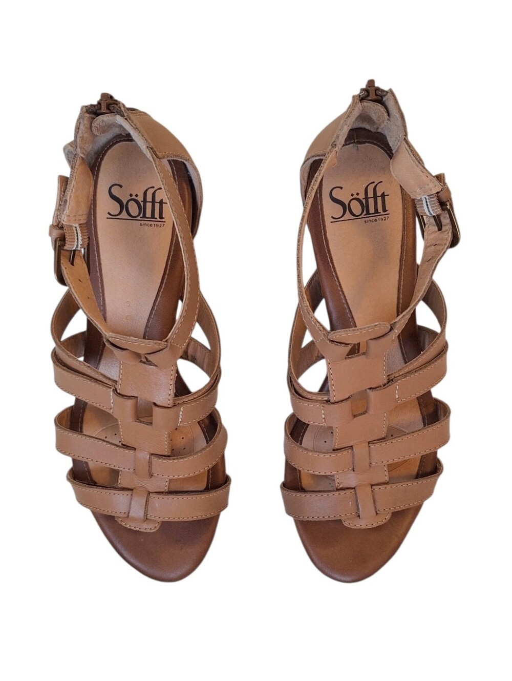 Söfft Leather T-Strap Sandals Tan Cognac Strappy Comfort 7
